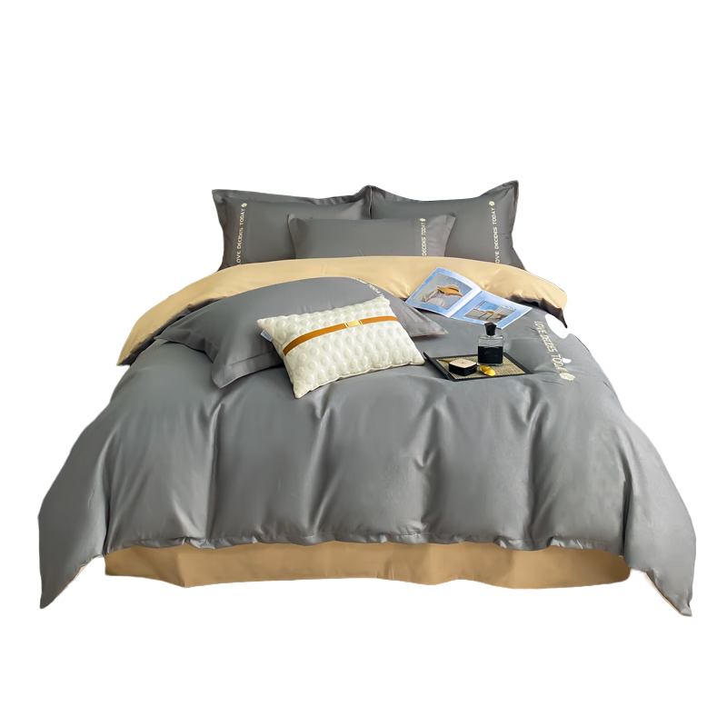 Yalu Skin-Friendly Four-Piece Bedding Set for Sleeping Naked, Embroidered Double Bed Set for 1.5/1.8 Meter Bed, Duvet Cover, Pillowcases, And Bedsheet