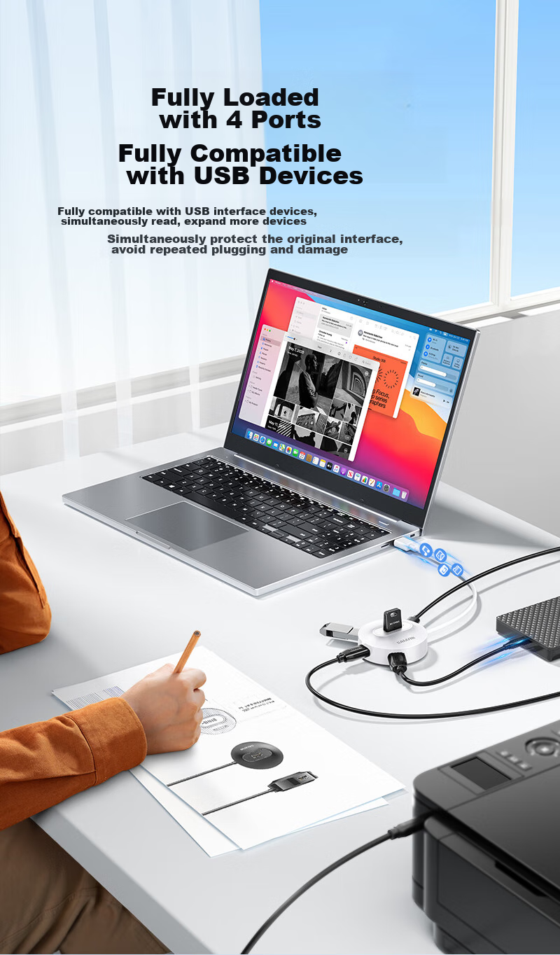 SAMZHE USB2.0 Hub with 4 Ports, Expansion Dock, Laptop And Desktop Computer Multi-Port Adapter with Power Supply Port, 1 Meter White HB21-2 3