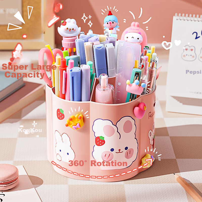 Jinzhi Pink 360-Degree Rotating Pen Holder, Large Capacity Storage Box, Essential for Students And Children Back to School, Cute Multifunctional Pen Organizer, Office Desk Decoration, Storage Container for Cosmetics