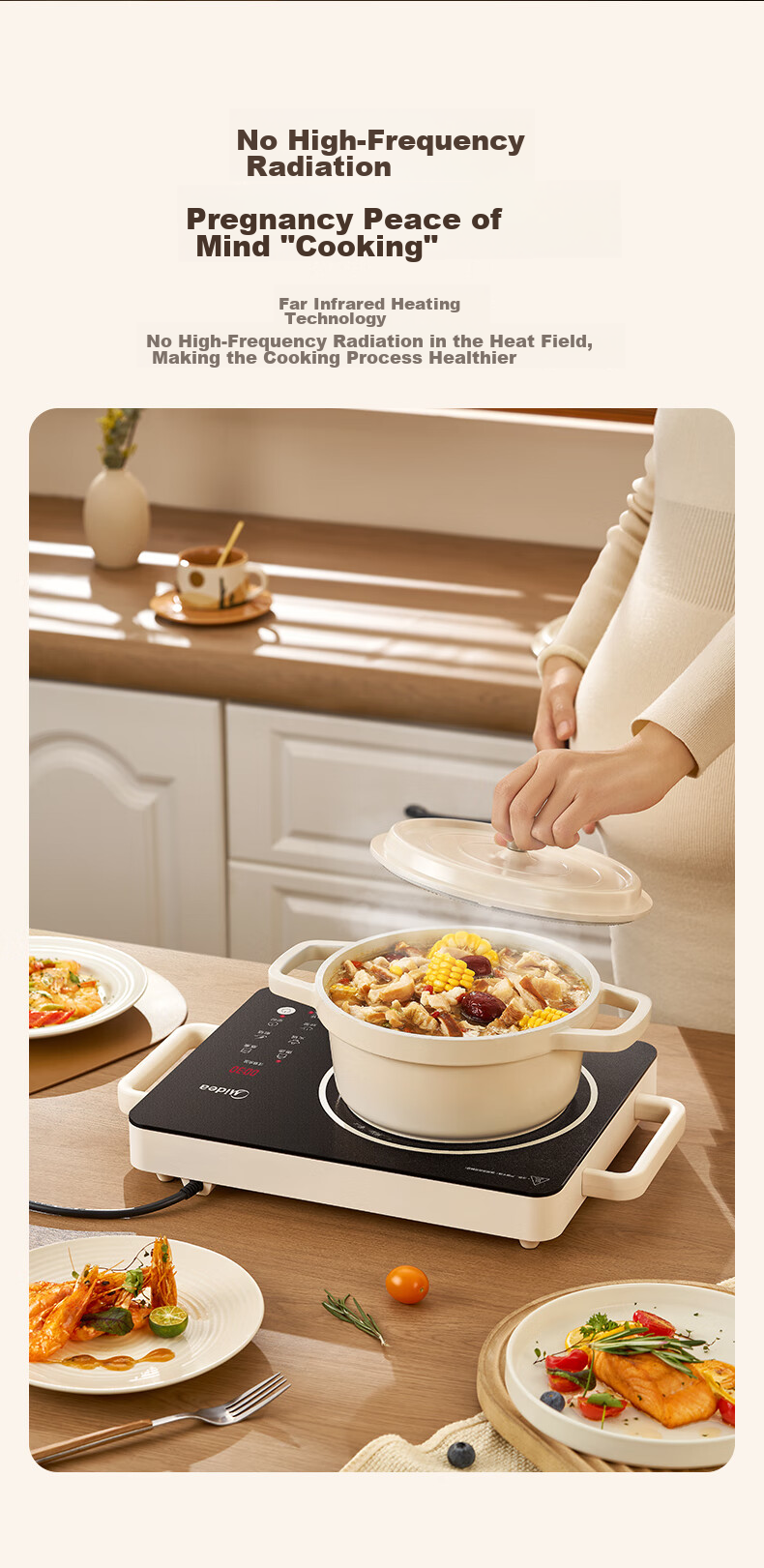 Midea Induction Cooker, Ceramic Cooktop, Battery Stove, 2200W Electric Hot Pot, Intense Heat, Tea Brewing, Water Boiling, Stir-Frying, Electromagnetic Stove for Tea Brewing, Dual Ring Flame Control, Suitable for All Pots, Wear-Resistant And Easy to Clean HW2210 10