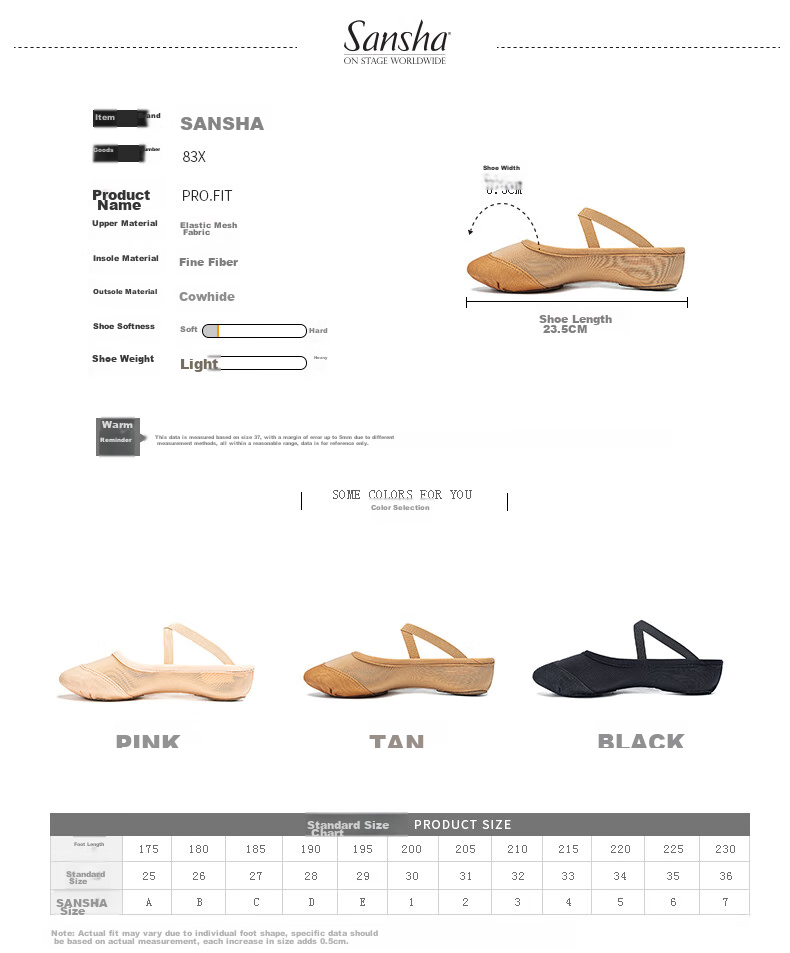 Sansha Ballet Dance Shoes, Women's Adult Practice Soft Shoes, Gymnastics Shoes, Elastic Mesh Breathable, 83X Size 38 2