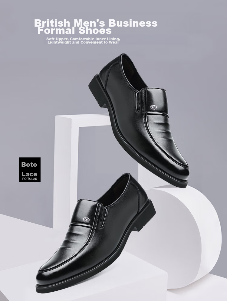Poitulas Men's Leather Shoes, British Style Slip-On Business Casual Shoes, Lightweight Soft-Soled Loafers, Formal Dress Shoes for Men, 9526 Black, Size 44 2