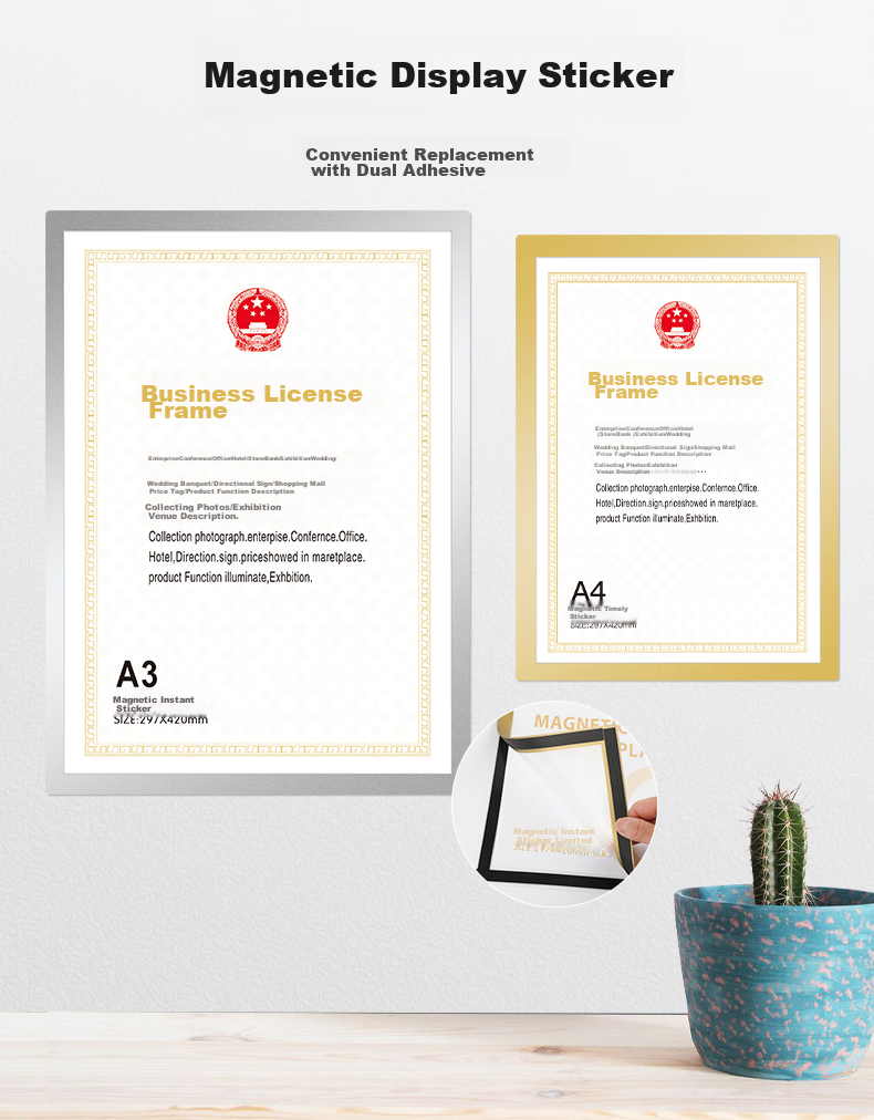 Befon Business License Frame, Magnetic Display A4 Holder, No Drilling Required, Strong Magnetic Attachment, Ready to Use, Specially Designed for Licenses, Photo Poster Protective Frame, Silver 5498 1