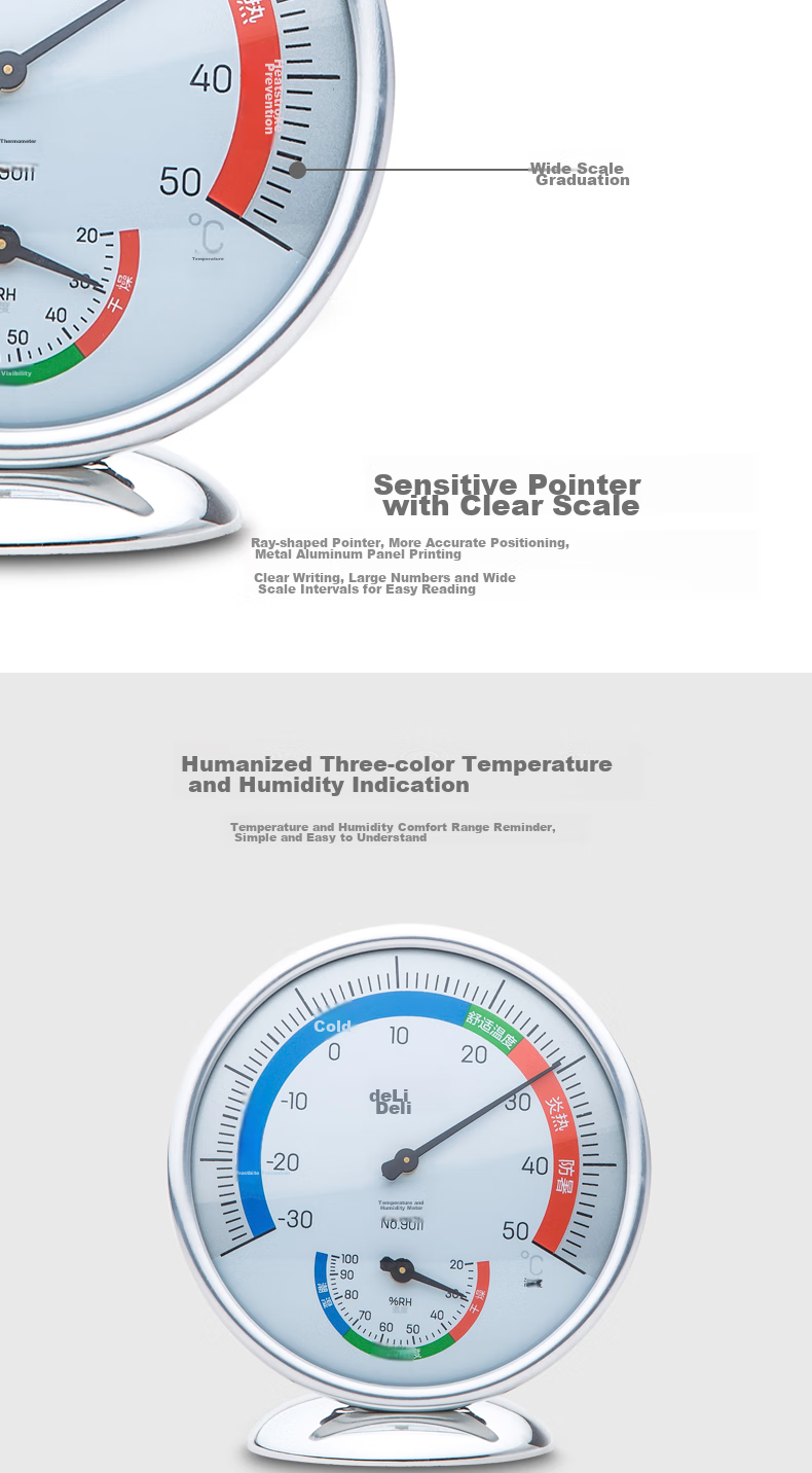 Deli Desktop Battery-Free Indoor Temperature And Humidity Meter with Metal Aluminum Frame And Glass Lens, Three-Color Display, Medium Size 9011 5