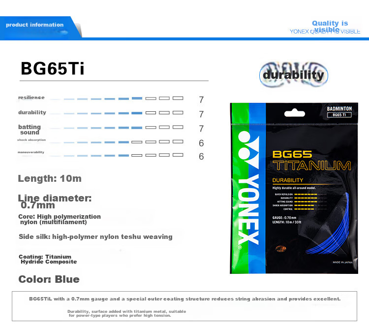 YONEX Badminton String, Durable High-Tension Competition And Training Strength Type BG65Ti-002 Blue 3