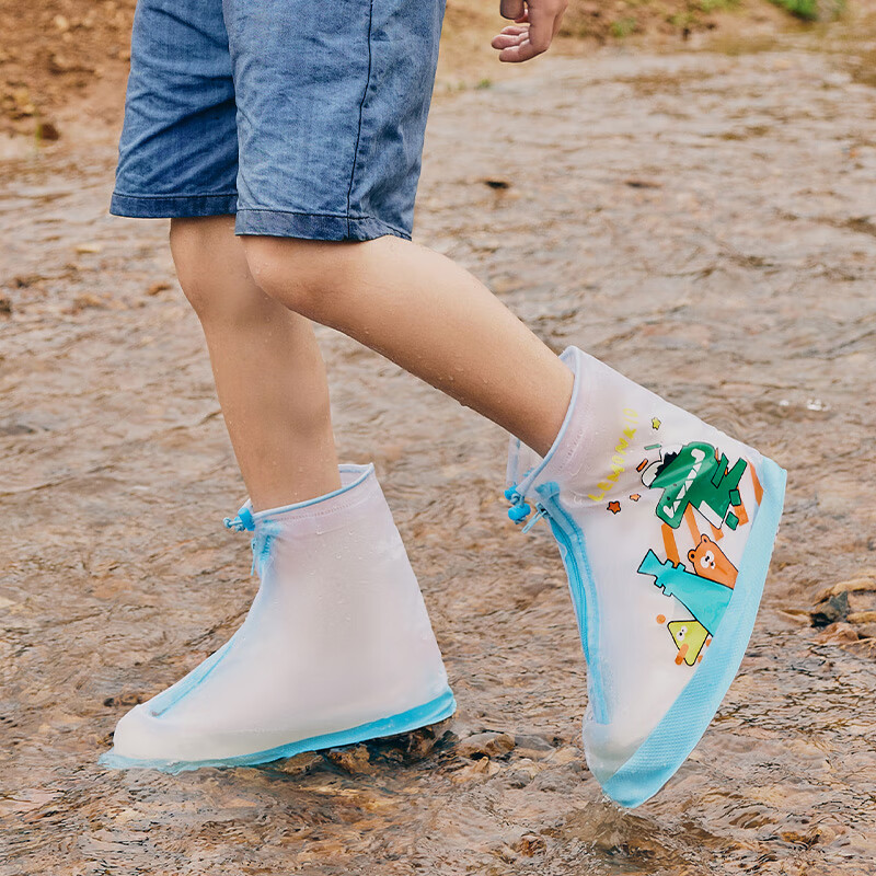 Lemonkid Children's Rain Shoe Covers, Flat Rain Boot Covers for Boys And Girls, Non-Slip Waterproof Shoe Covers, Beige Blue, XXL