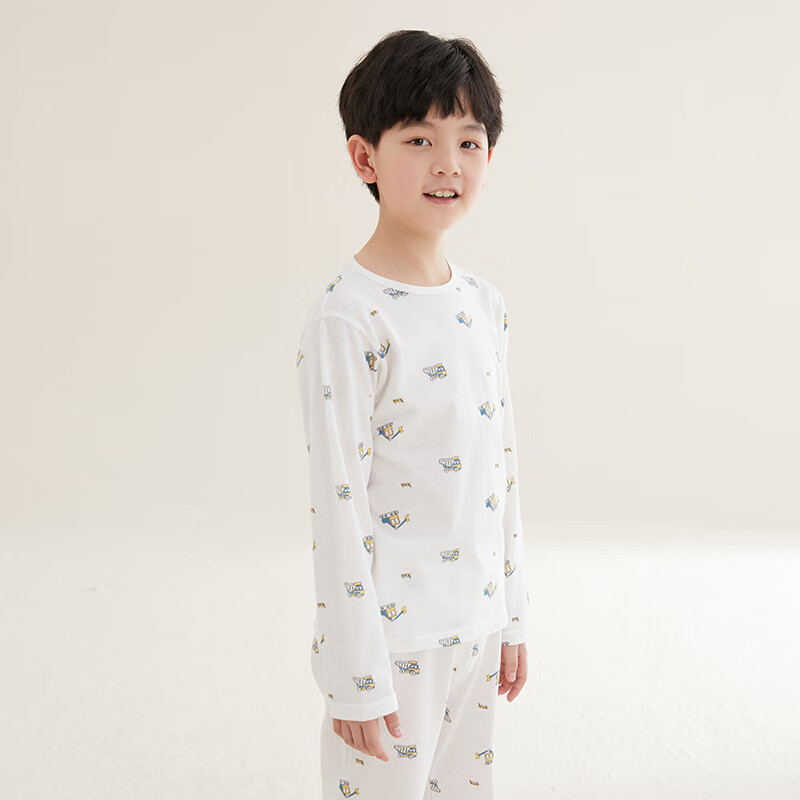 Hodo Children's Pajamas, Boys And Girls Spring Summer Thin Pure Cotton Home Wear Set, Long Sleeve Pants Air Conditioning Suit J3225 White 165