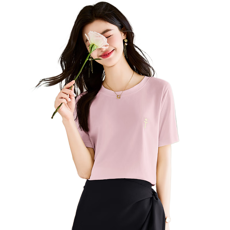 Taxiang Women's Short-Sleeve T-Shirt, Round Neck, Casual Versatile Embroidered Top, Ladies' T-Shirt, Simple Short-Sleeve Undershirt T143T1390