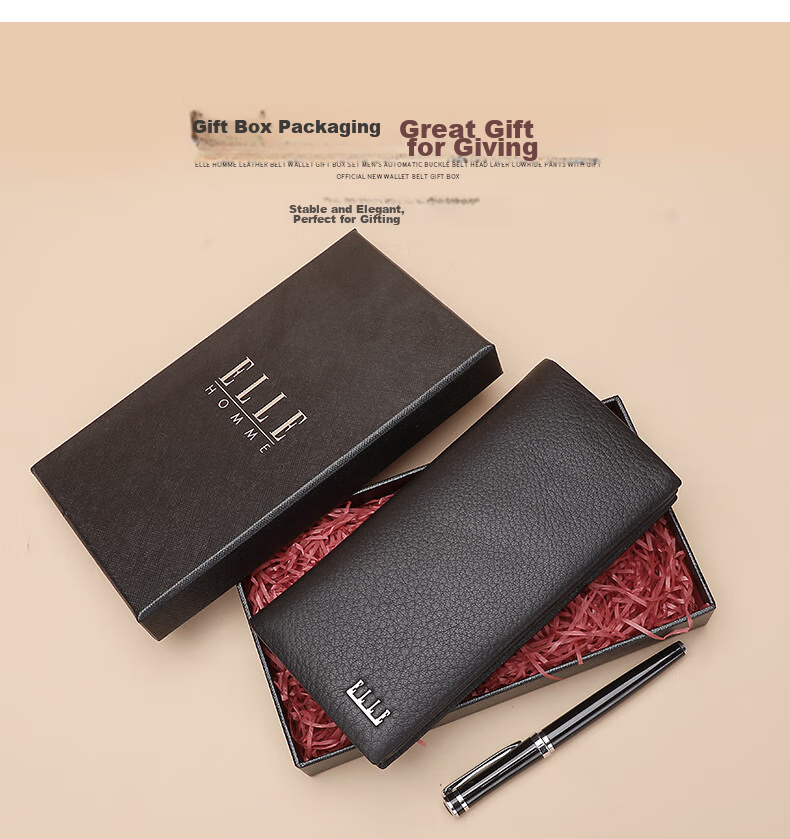 ELLE HOMME Men's Long Wallet, Top-Grain Leather Multifunctional Billfold, Horizontal Style Wallet 1312, Birthday Gift for Me 2