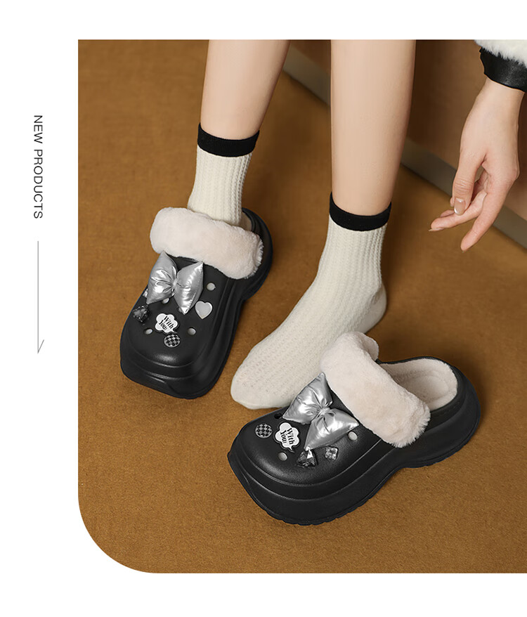 Josiny Fleece-Lined Perforated Shoes for Women, Thick-Soled Winter Warm Outdoor Cute Fluffy Cotton Slippers, Black, Size 40 7