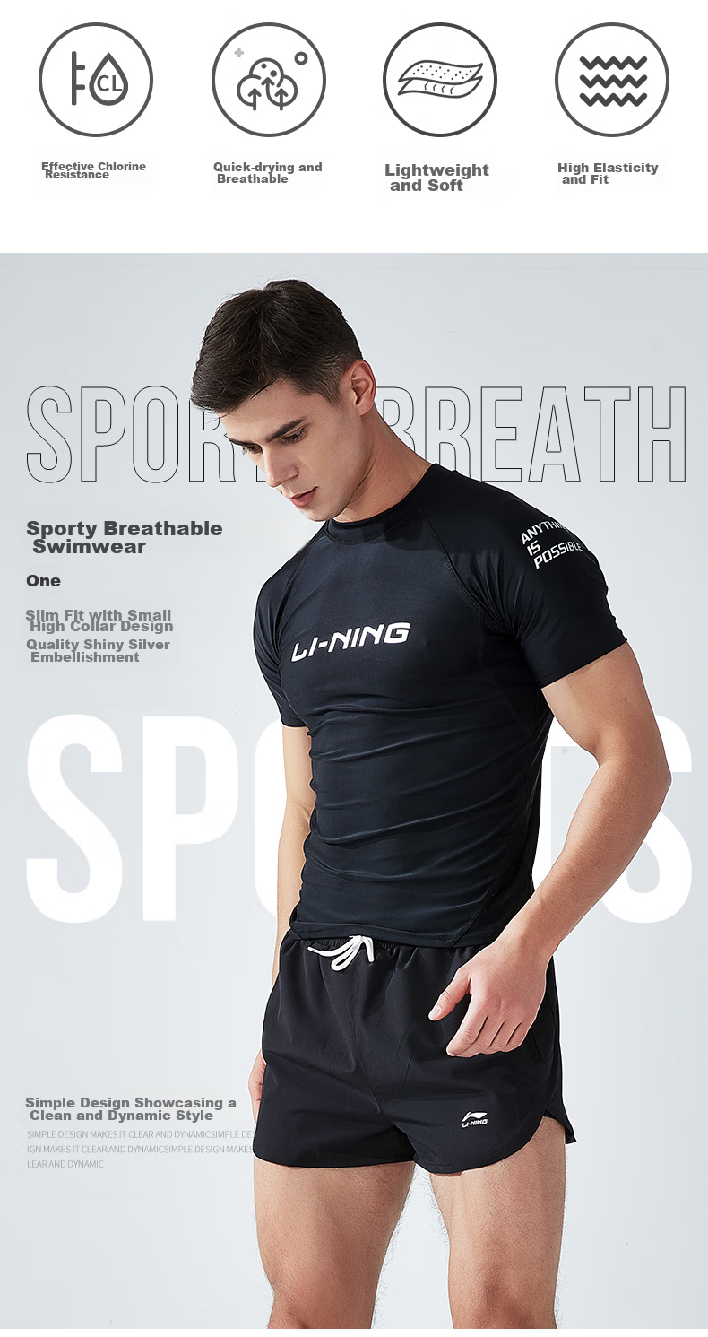 Li-Ning Men's Short-Sleeve Swimsuit, Anti-Embarrassment Swimwear for Hot Springs And Surfing, LSLR225 Short-Sleeve Black, XXL 2