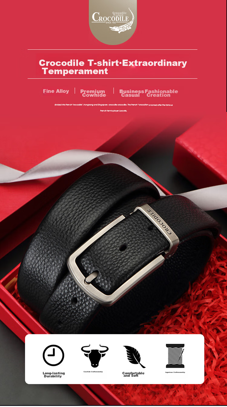 CROCODILE Versatile Youth Top-Grain Leather Casual Belt for Men with Pin Buckle, Birthday Gift ZT341 Black 1