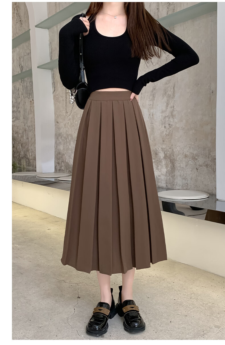 LangSha Pleated Skirt Women's Spring Vintage Mid-Length A-Line Skirt Elastic Waist Slim Fit Suit Umbrella Skirt 14