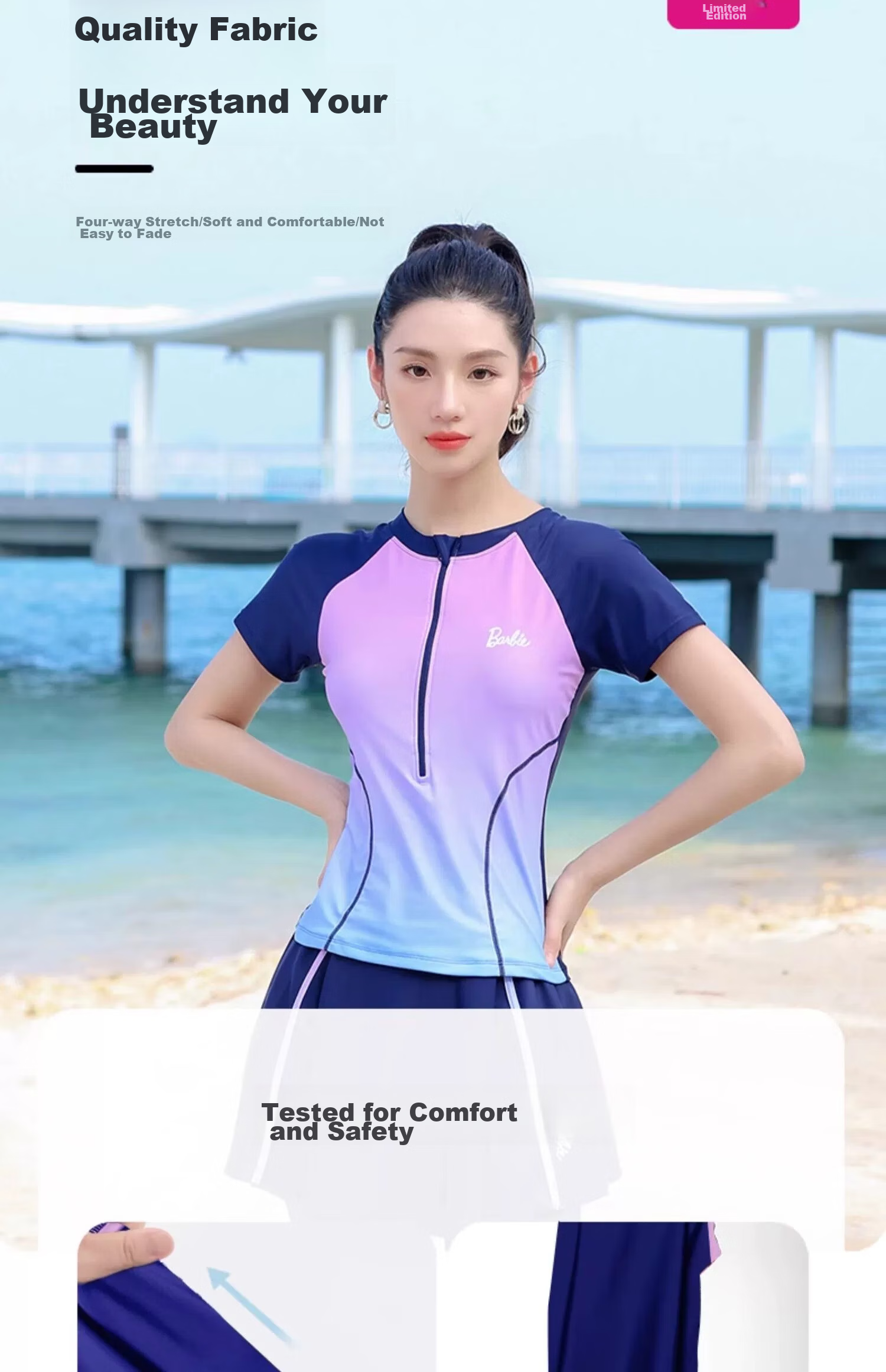 Barbie Two-Piece Swimsuit for Women, Fashionable Conservative Slimming Tummy-Covering Professional Sports Swimwear for Hot Springs And Vacation, Two-Piece Set 4