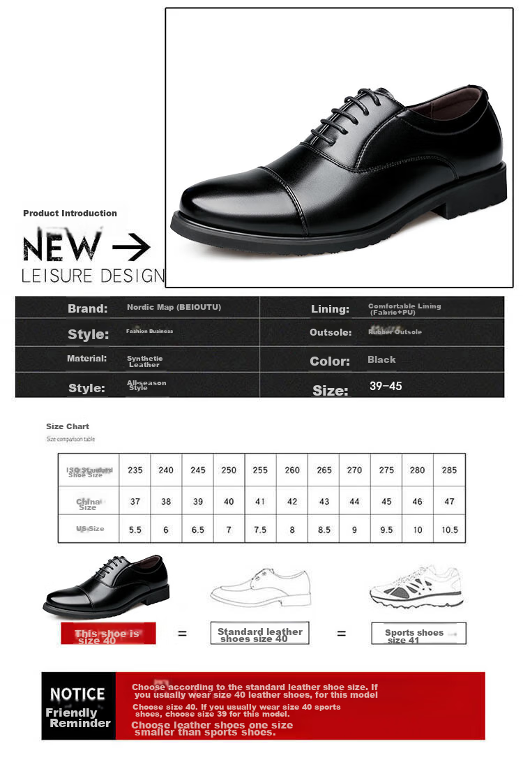 BEIOUTU Men's Leather Shoes, Fashionable Three-Joint Business Formal Shoes, Comfortable Lace-Up Casual Men's Footwear, 8827 Black, Size 41 3