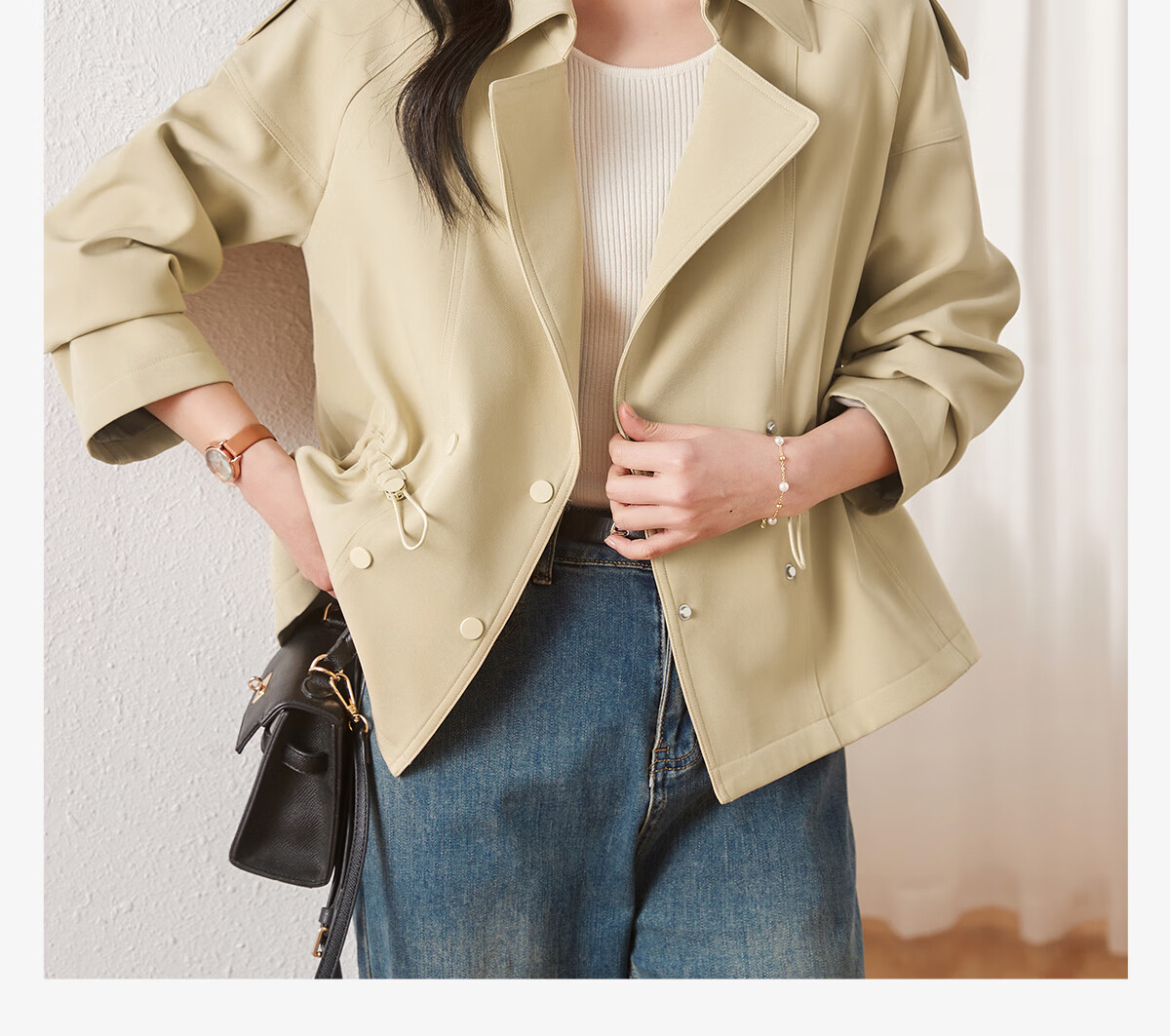 Chushen Spring And Autumn Women's Short Jacket, Fashionable And Elegant Design with Lapel Collar, Waist-Cinching Drawstring, Short Trench Coat S61D164 2
