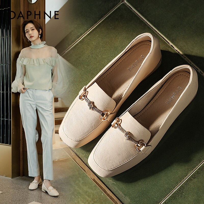 DAPHNE Women's Leather Shoes, Spring And Autumn Slip-On Loafers, Flat-Bottomed British Style Penny Loafers, Women's Flats, Beige, Size 38