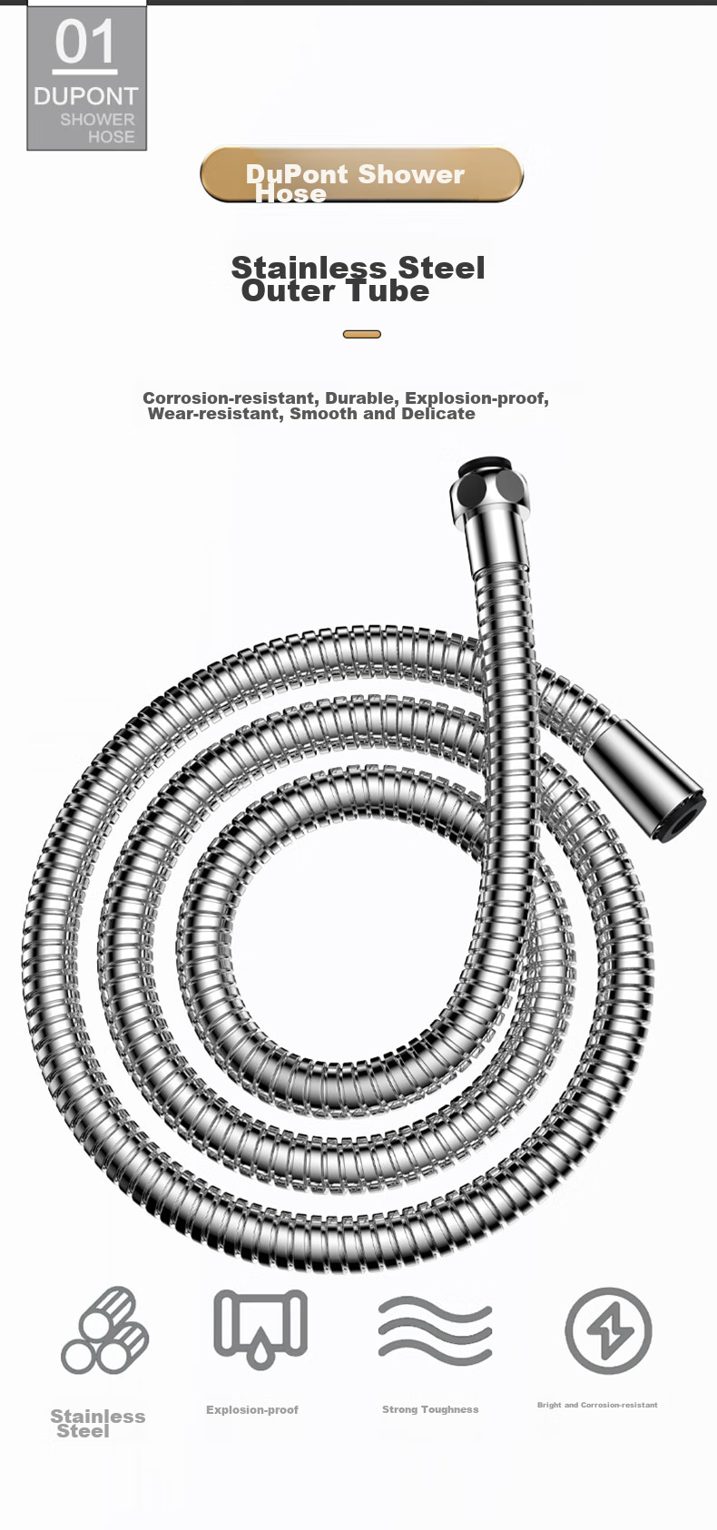 DU PONT DU PONT Handheld Shower Head Hose, 304 Stainless Steel, 1.5 Meters Long, Shower Head Hose D-PJ001 2