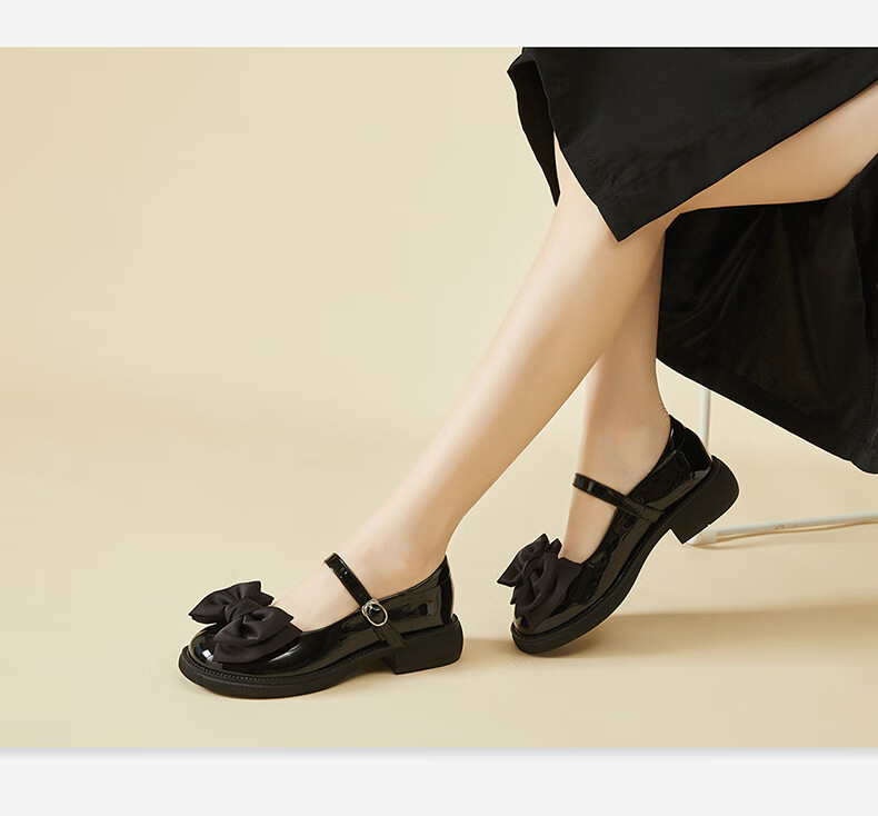DAPHNE Mary Jane Leather Shoes for Women, Japanese JK Style Flat Soft Sole Bow Tie Flats 4623101026 Black Size 35 5
