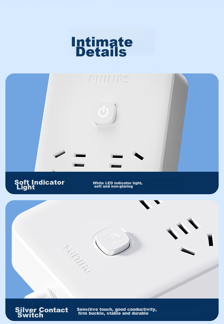 PHILIPS New National Standard Power Strip with 6 Outlets And Combination Holes, Overload Protection, Master Switch, 2.8m Extension Cord for Children's Safety, Dormitory Power Strip/Extension Cord/Power Board 11