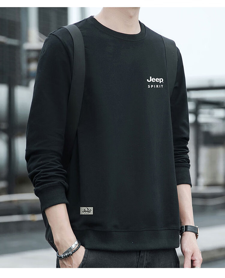 JEEP SPIRIT Men's Autumn Winter Korean Style Crew Neck Loose Fit Long Sleeve Fleece-Lined Black Sweatshirt XL 7