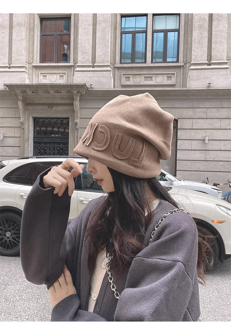 XUEXIMAN Women's Autumn Winter Japanese Style Thickened Warm Knitted Letter Beanie Fleece Lined Head Wrap Hat 4