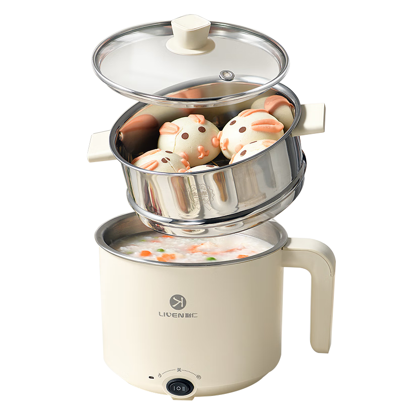 Liven Stainless Steel 304 Small Pot Electric Cooking Pot, Non-Coated Small Electric Steamer, Multifunctional Dormitory Instant Noodle Mini Electric Hot Pot, 1.8L All-In Stewing Steaming Cooking Small Pot for 1-2 People DHG-B151