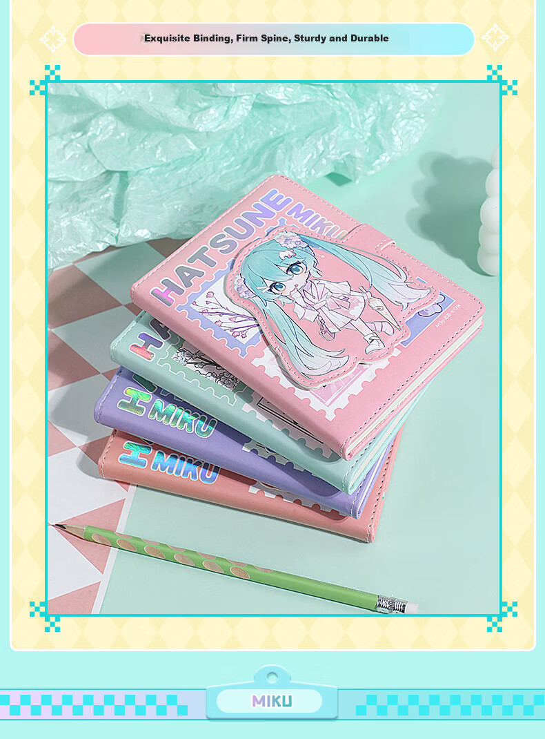 GuangBo Hatsune Miku Official Merchandise Anime Planner, High-Quality Magnetic Cover Diary with 96 Pages/105*140mm CY997027-D Gift 10