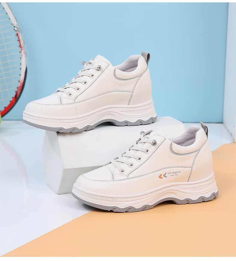 Red Dragonfly Women's White Sneakers Thick Sole Height Increasing Fleece Lined Warm Casual Shoes Women's Ins Style Canvas Shoes C0TTN05121M Beige Gray Size 37 3