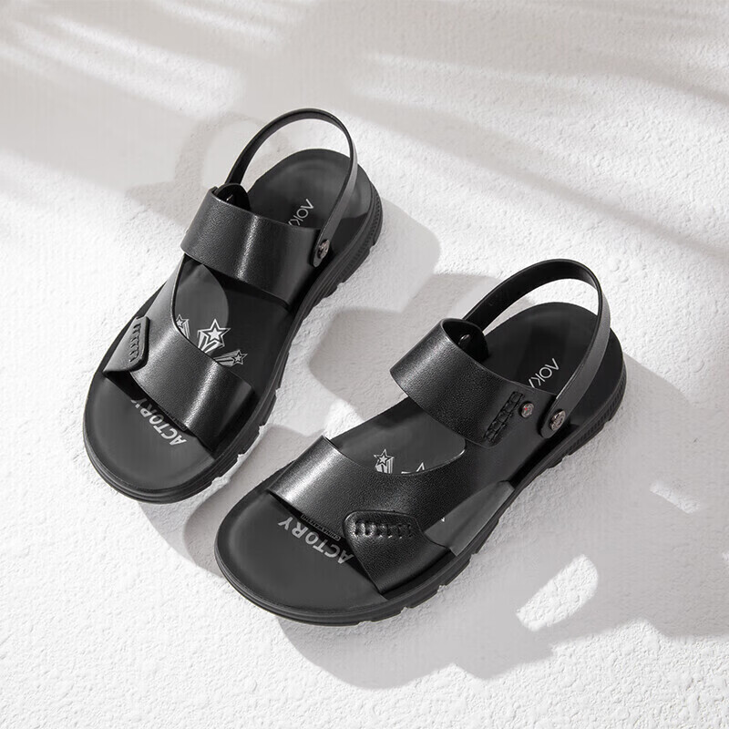 Aokang Official Men's Sandals, Summer Beach Shoes with Soft Soles, Comfortable And Breathable, Two-Way Wear, Men's Slippers, Casual Shoes, Black, Size 39