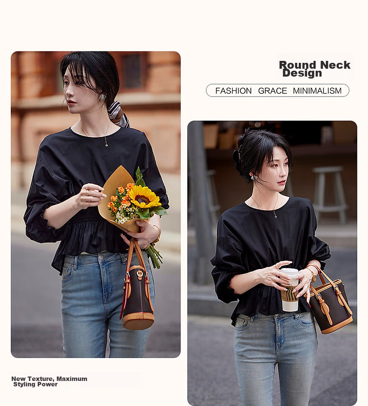 Dme [Will Breathe Cotton] Spring And Autumn French-Style Loose Round Neck Slim-Fit Drop Shoulder Concealing Shirt Women's Top 6
