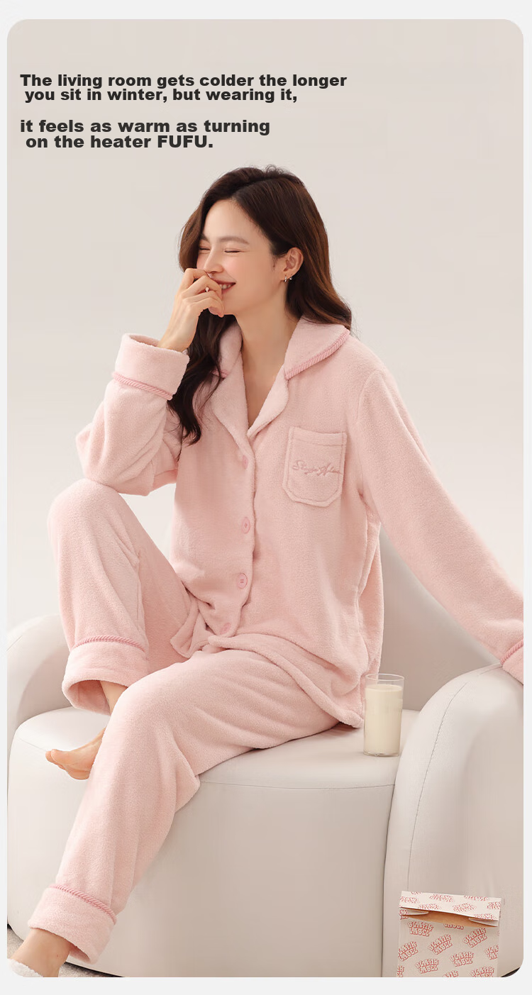 Dushiliren Women's Winter Pajamas, Fleece-Lined Thick Coral Fleece Cardigan Set with Pockets, Autumn And Winter Loungewear 4