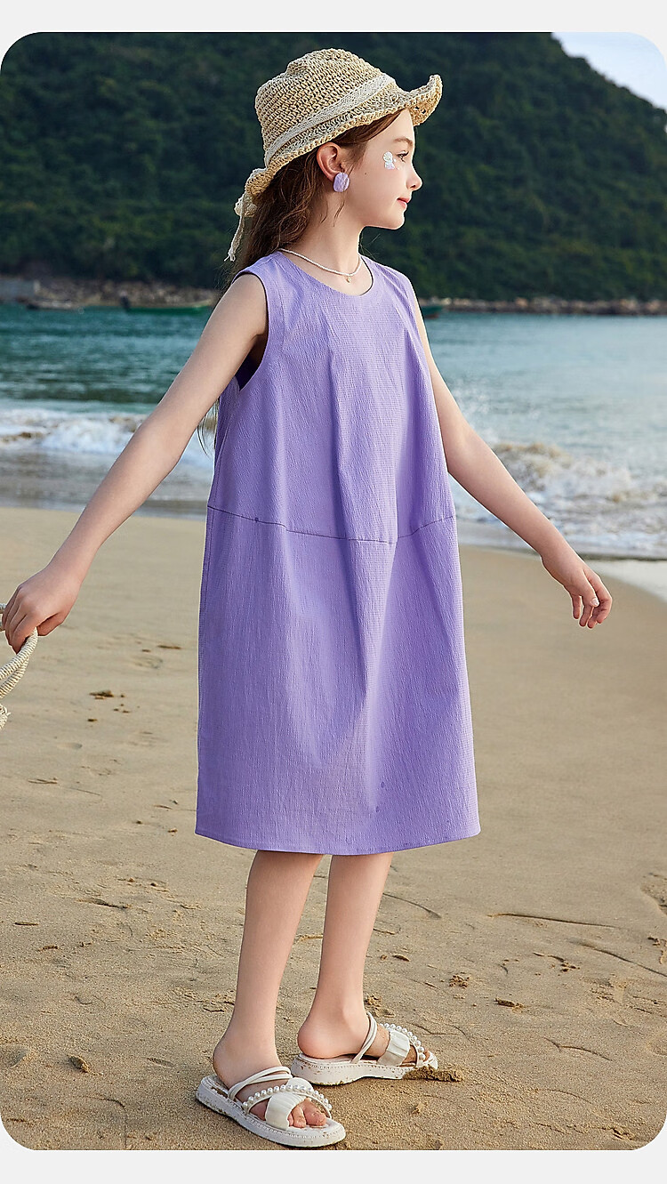 ASK JUNIOR Girls' Dress, Summer 2025 Children's Lightweight Sleeveless Dress, Princess Dress for Older Kids, Beach Long Skirt, Purple 2