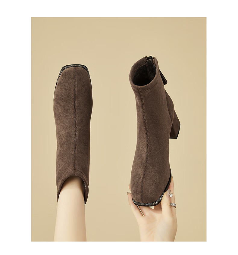 DAPHNE Suede Ankle Boots Women Chunky Mid Heels Slim Winter Fleece French Style Versatile Khaki Fleece Lined Boots Size 37 6