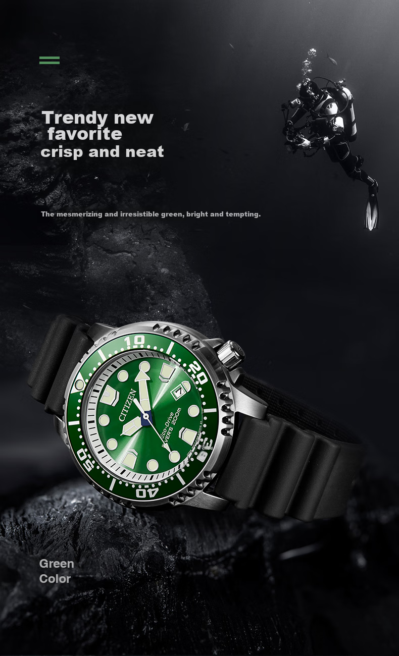 CITIZEN Watch for Men, Japanese And Korean Style, Green Water Ghost Light Power Display, PU Strap, Sports Style, Gift for Boyfriend, BN0158-18X 2