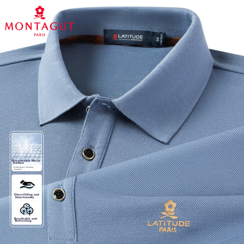 MONTAGUT [Soft Cotton Comfort & Crisp Skin-Friendly] Spring Casual Simple Long-Sleeve Polo Shirt Men's T-Shirt JG Gray-Blue 2XL