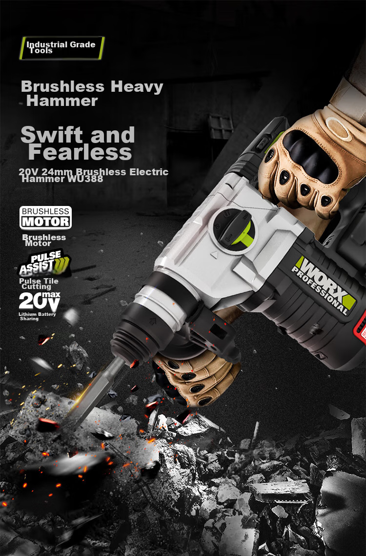 WORX 20V Brushless Cordless Rotary Hammer Drill WU388.4 (5.0 Dual Battery) Lithium Battery Electric Pick Hammer Drill for Concrete 3
