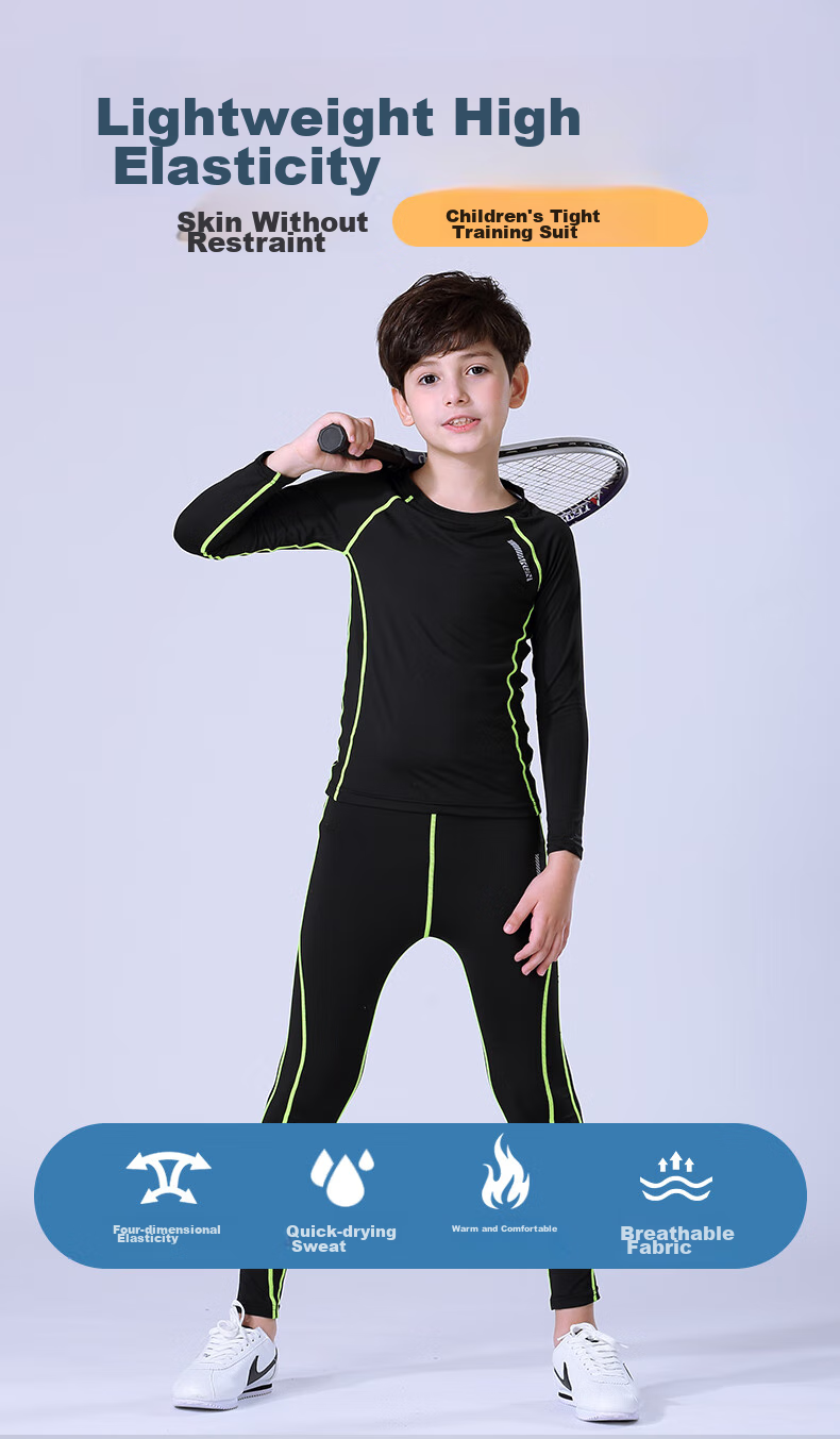 BURUITE Children's Quick-Dry Sportswear Set, Basketball And Soccer Training Fitness Wear, Tight-Fitting Shirt for Boys, Running, Skiing, Badminton Outfit 1