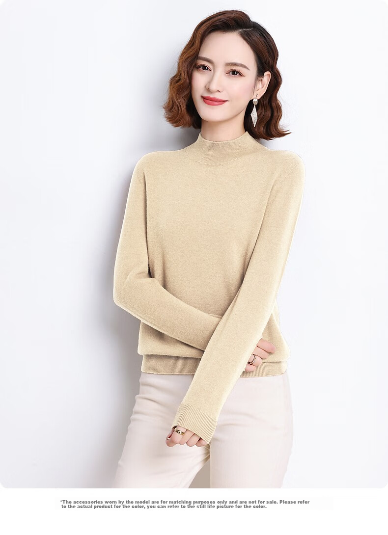 Hengyuanxiang 100% Pure Wool Sweater for Women, Semi-Turtleneck, Loose-Fitting Base Layer, Autumn And Winter Fashion Women's Knit Top 29