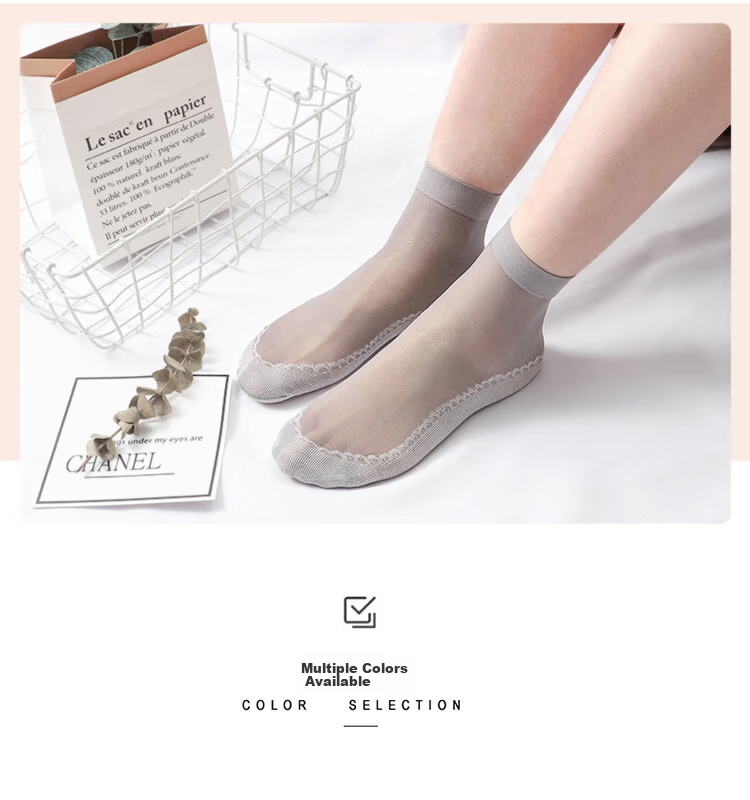 LangSha Women's Silk Stockings, 10 Pairs Thin Style, Trendy Mid-Calf Spring And Summer Black Nude Cotton-Feel Short Socks, Skin Color 10 Pairs, One Size Fits All 16