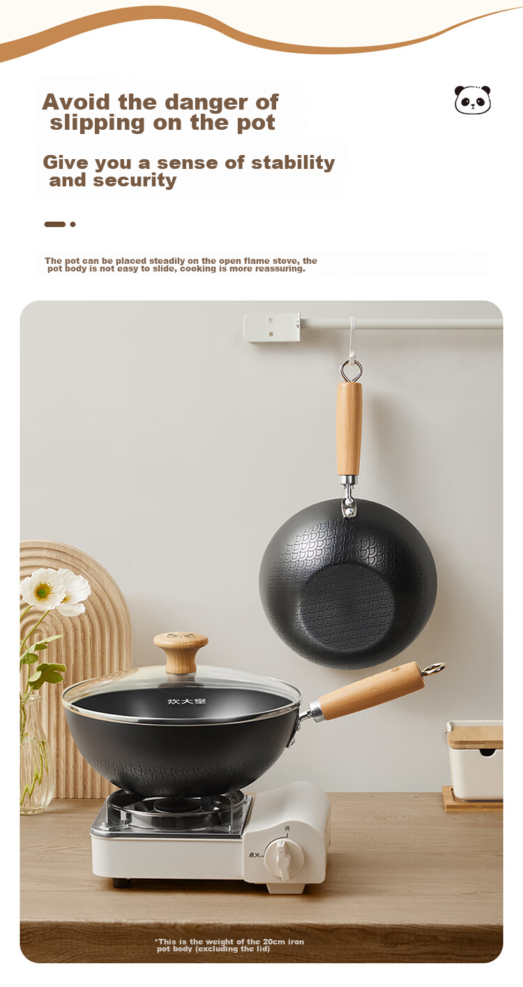 COOKER KING Small Iron Wok, Frying Pan for Home Use, Flat Bottom Pan, Baby Food Pot, Single Serving Pan for Induction Cooker, 20cm 9