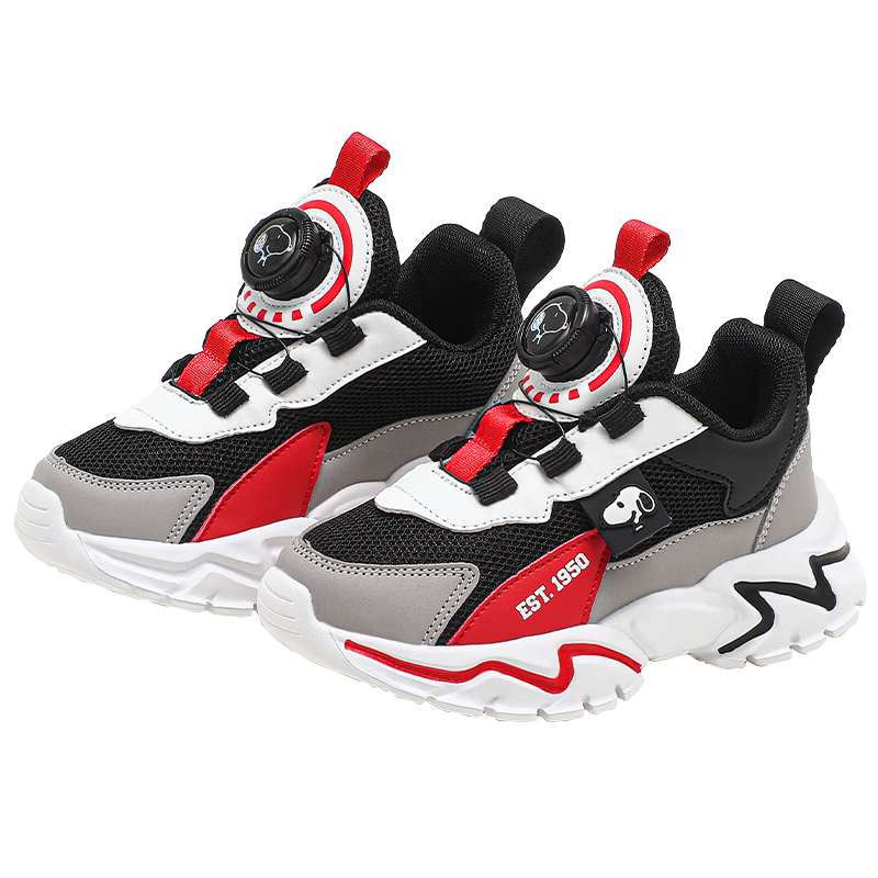 SNOOPY Children's Lightweight Sneakers, Boys And Girls Student Autumn Versatile Casual Shoes, 3813 Black Gray Red, Size 27