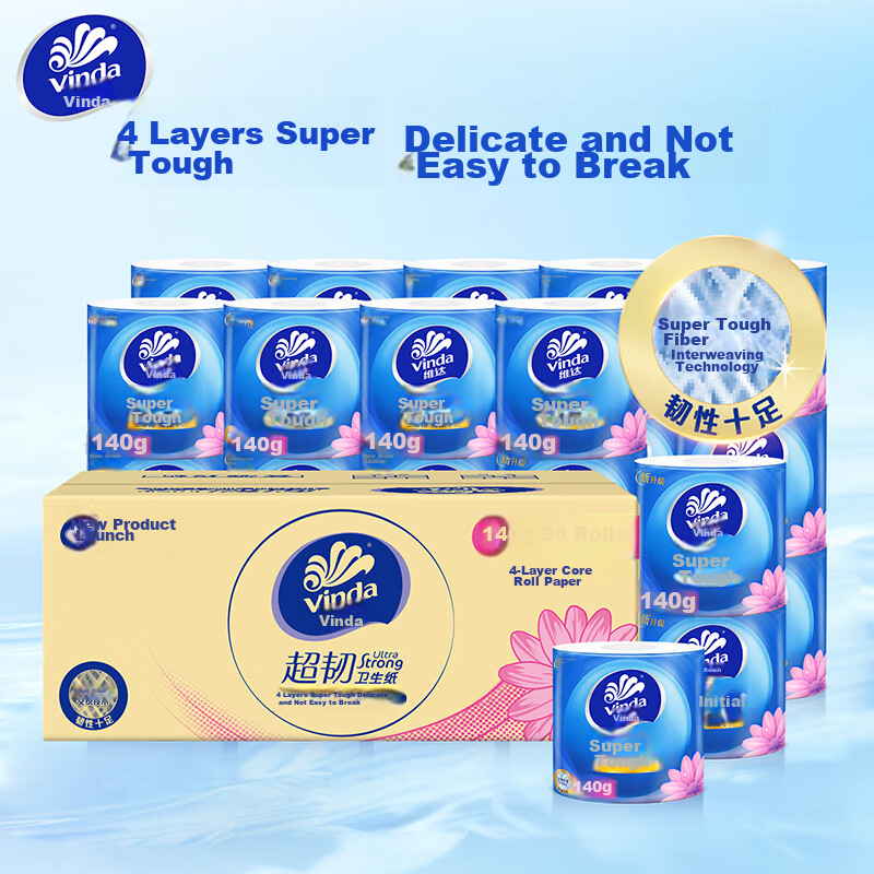 Туалетная бумага Vinda Super Tough, 4 слоя, 140 г/рулон, 30 рулонов, классическая большая упаковка