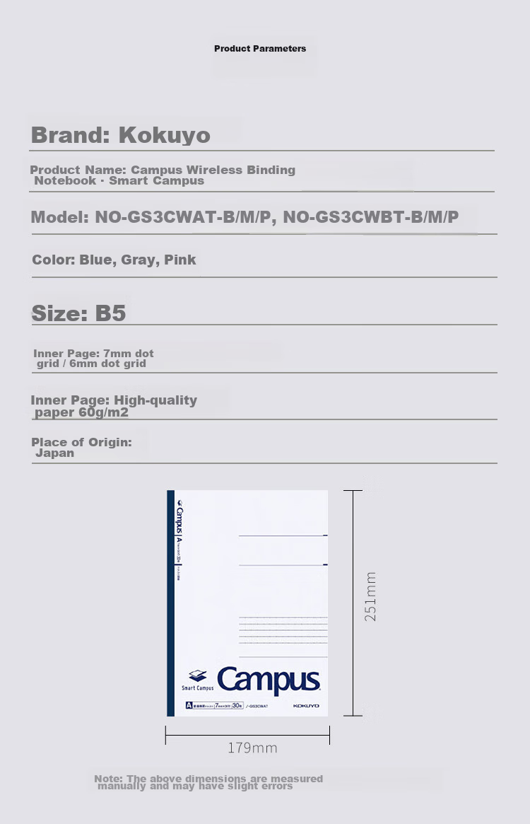 KOKUYO Imported Smart Campus Wirebound Notebook, 7mm Dotted Lines × 30 Rows B5/30 Pages Pink 1 Book NO-GS3CWAT 2