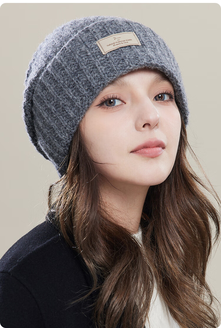 JIUMU Pure Wool Warm Knit Hat, Autumn And Winter Knitted Cap, Cold Hat, Winter Hat, Large Head Circumference Slouchy Hat, Cold-Proof Hat for Women in Winter 19