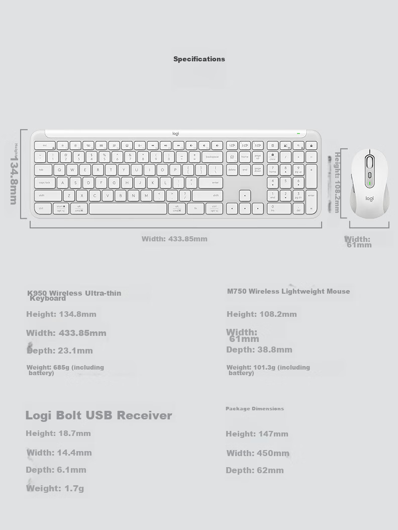 Logitech MK950 Bluetooth Keyboard And Mouse Combo, Premium Series, Office Keyboard And Mouse Set, Wireless Keyboard And Mouse Set, Portable Ultra-Thin Keyboard And Mouse Combo, White 8