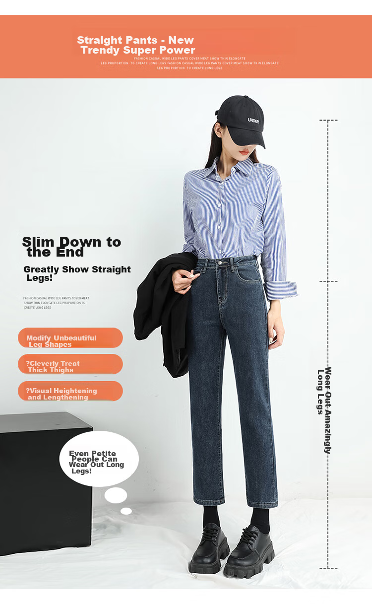 LangSha Straight-Leg Jeans for Women, High-Waisted Slimming Pants for Spring And Autumn, Cropped Wide-Leg Trousers for Petite Figures 3