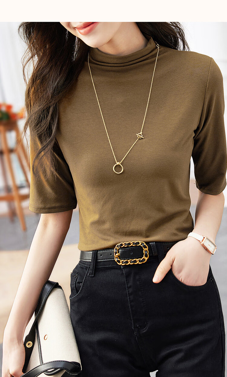 Dme [High-Elastic Simple Mid-Sleeve Base Shirt], Autumn Stand-Up Collar Slim-Fit Women's T-Shirt 12