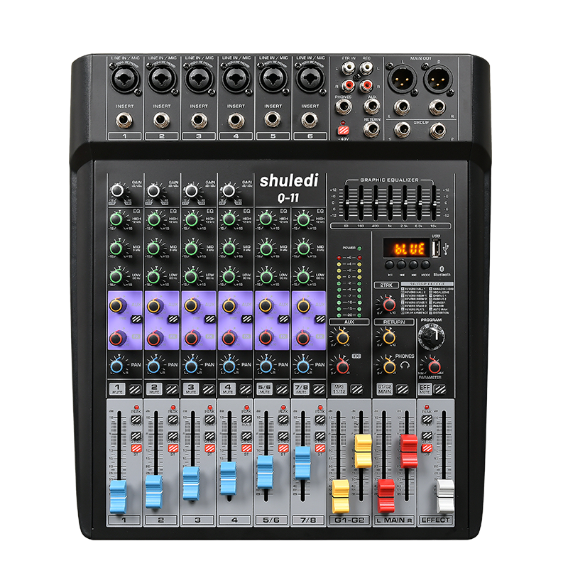 Shuledi Q-12 Domestic Professional Conference Mixer, 8 Channels, Two Groups with One Auxiliary Output, Stage Wedding Hotel Teaching KTV Audio System, USB Drive Bluetooth Reverb Equalizer