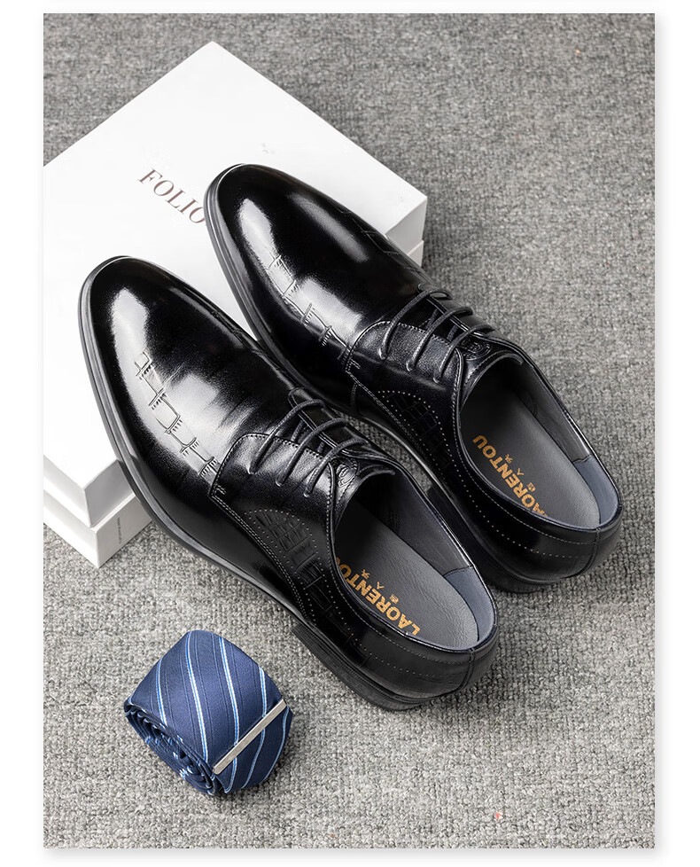 LAORENTOU Men's Leather Shoes, Formal Dress Shoes, Patent Leather Carved Cowhide Business Soft-Soled Wear-Resistant Wedding Groom Shoes, LA89 Black, Size 41 4